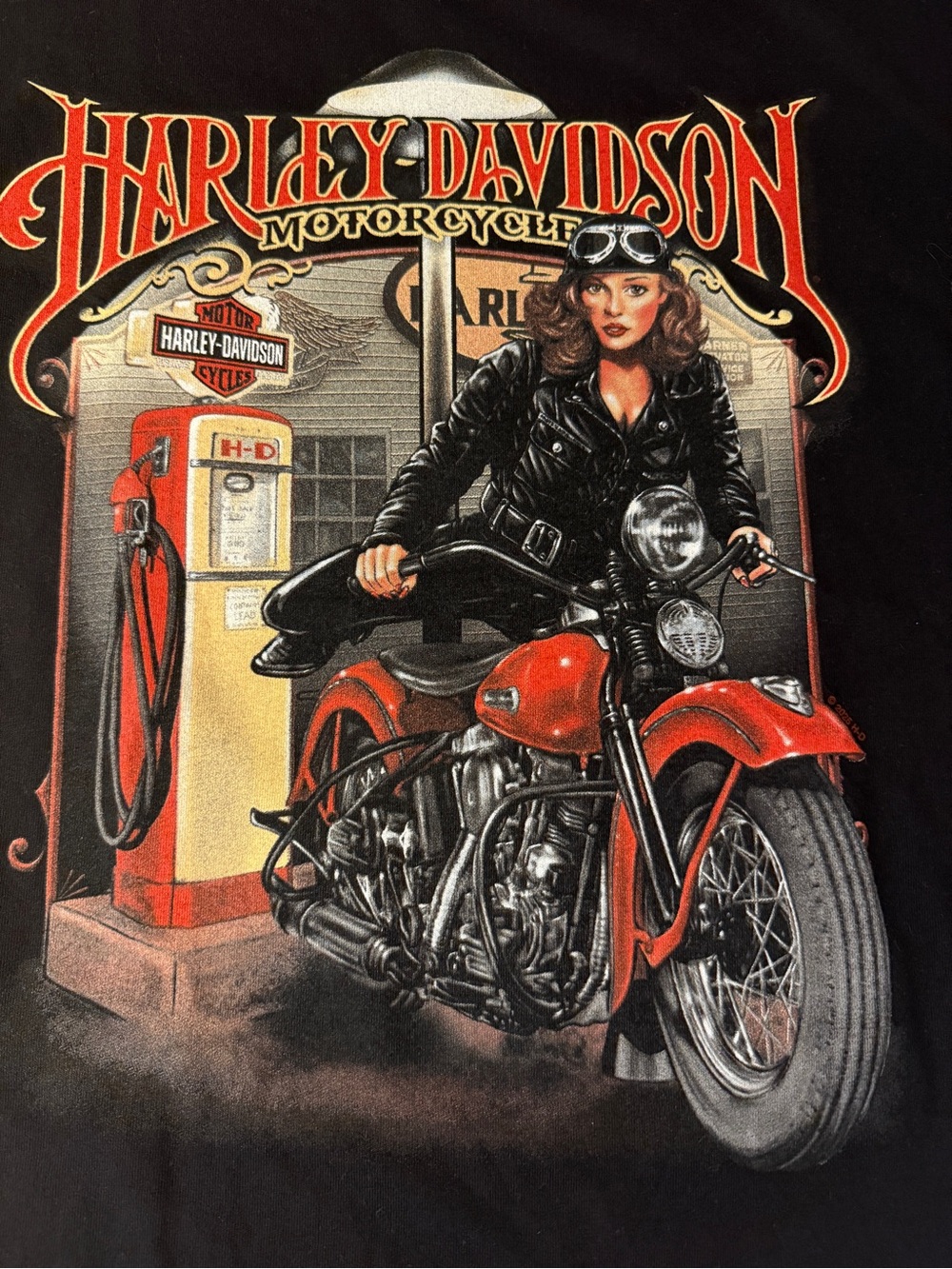 Harley-Davidson Black Tee Pinup Girl Motorcycle and Rider Graphic NEW
